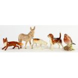 A BESWICK DONKEY FOAL, 11CM H, A BESWICK FOX, TWO HOUNDS AND A BIRD