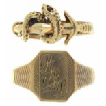 A GEM SET 9CT GOLD SNAKE RING AND A 9CT GOLD SIGNET RING, 8G