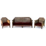 A MAHOGANY THREE PIECE BERGERE SUITE, EARLY 20TH C, SOFA 170 X 85CM