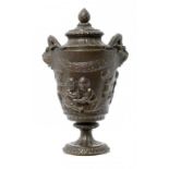 A FRENCH BRONZE VASE AND COVER, LATE 19TH C WITH GROTESQUE MASK HANDLES, RICH DARK BROWN PATINA,