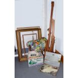 TWO EASELS, A PALETTE, PAINT BOX, FRAMES, STUDIO AND THE ARTIST MAGAZINES, ETC