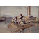 ENGLISH SCHOOL, 19TH C, CONTINENTAL RIVER SCENE WITH FIGURES IN A BARGE, WATERCOLOUR, 11.5 X 16.5CM,