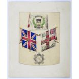 A VICTORIAN HAND COLOURED LITHOGRAPH OF THE BADGE AND COLOURS OF THE 74TH HIGHLANDERS,