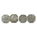 A SET OF FOUR CONTINENTAL SILVER BUTTONS OF ENGRAVED OCTAGONAL SHAPE, MID 19TH C, ADAPTED AS