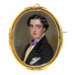 ENGLISH SCHOOL, MID 19TH C, PORTRAIT MINIATURE OF A YOUNG MAN, IVORY, OVAL, 6 X 4.6CM, SET IN A GOLD