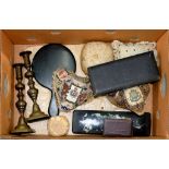 MISCELLANEOUS ITEMS, INCLUDING WORLD WAR ONE PIN CUSHIONS, PAPIER MACHE GLOVE BOX AND A PAIR OF