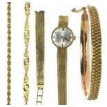 TWO 9CT GOLD NECKLACES, A BRACELET AND ROTARY WRISTWATCH, 43.7G, INCLUDING WRISTWATCH