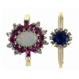 A RUBY, OPAL AND DIAMOND CLUSTER RING IN 18CT GOLD AND A SAPPHIRE AND DIAMOND CLUSTER RING IN