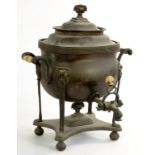 A REGENCY COPPER TEA URN AND COVER OF UNUSUALLY SMALL SIZE, WITH TURNED IVORY HANDLES AND TAP,
