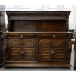 A NORTH EUROPEAN CARVED OAK SIDEBOARD, LATE 19TH C, BACK REDUCED IN HEIGHT, 180 X 155CM