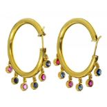 A PAIR OF RUBY AND SAPPHIRE SET GOLD HOOP EARRINGS, 11.7G