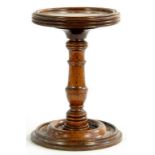 A VICTORIAN TURNED MAHOGANY CANDLE STAND WITH DISHED TOP, 21CM H