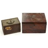 A VICTORIAN MAHOGANY AND LINE INLAID BOX AND AN IRON STRONG BOX WITH KEY