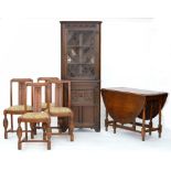 A CARVED OAK GATELEG TABLE, SET OF FOUR OAK DINING CHAIRS AND A GLAZED CORNER CUPBOARD