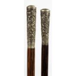 TWO SOUTH EAST ASIAN SLENDER WOOD CANES, ONE WITH BRASS TIP, 82 AND 89CM L, CIRCA LATE 19TH C