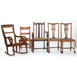 FIVE VARIOUS CHAIRS, INCLUDING AN OAK ELBOW CHAIR AND A MAHOGANY FRAMED ROCKING CHAIRS, LACKS SEAT