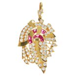AN INDIAN RUBY AND WHITE STONE SET GOLD PALMETTE PENDANT, 13G