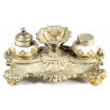 A CONTINENTAL SILVER INKSTAND, WITH MATCHING SILVER CAPPED WHITE OVERLAY GLASS INKWELL AND SANDER,
