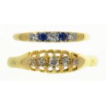 A DIAMOND RING IN GOLD MARKED 18CT AND A SAPPHIRE AND DIAMOND RING IN GOLD, MARKED 18CT PALL, 5G