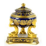 A SAMSON COBALT GROUND AND GILT DOLPHIN TRIPOD POT POURRI VASE AND COVER, 12CM H, RED PAINTED