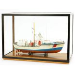 A MODEL BOAT IN A GLASS CASE AND MISCELLANEOUS METAL WARE, ETC INCLUDING AN OIL LAMP