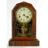 A 19TH C AMERICAN MAHOGANY STAINED WOOD SHELF OR MANTLE CLOCK, 36CM H, FRAGMENTARY PRINTED TRADE