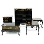 FIVE PIECES OF CHINESE STYLE LACQUERED FURNITURE, INCLUDING A PAIR OF SIDETABLES AND A BOOKCASE