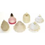 FIVE CRANBERRY, FROSTED AND OTHER GLASS EARLY ELECTRIC PENDANT LIGHT SHADES AND A FROSTED GLASS