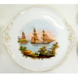 A CONTINENTAL PORCELAIN TRAY, PAINTED WITH A SHIP OFF THE COAST, PIERCED HANDLES, 8CM W, C1870