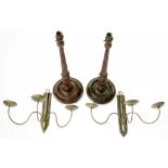 A PAIR OF EDWARDIAN MAHOGANY TABLE LAMPS AND A PAIR OF STEEL THREE BRANCH WALL LIGHTS
