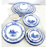 A ROYAL DOULTON BLUE PRINTED EARTHENWARE NORFOLK PATTERN DINNER SERVICE, INCLUDING GRADUATED MEAT