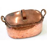 A VICTORIAN COPPER TWO HANDLED PAN AND LID, 46CM W