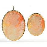 A CAMEO BROOCH IN GOLD, MARKED 750 AND A LARGER CAMEO BROOCH PENDANT IN GOLD, MARKED 375