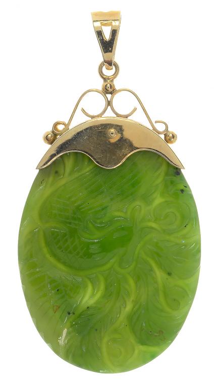 A CHINESE CARVED NEPHRITE DRAGON PENDANT, DOUBLE SIDED, 9CT GOLD MOUNT