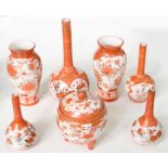 A SMALL COLLECTION OF KUTANI PORCELAIN, INCLUDING TWO AND A PAIR OF DRUMSTICK VASES, LARGEST 21CM H,