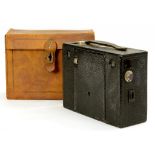 AN EASTMAN KODAK CO 'SEALSKIN' COVERED MAHOGANY AND BRASS ROLL FILM CAMERA IN UNUSUALLY FINE