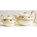 A WEDGWOOD BONE CHINA OVAL PROW TEAPOT AND COVER AND A SUGAR BOX AND COVER EN SUITE, PRINTED AND