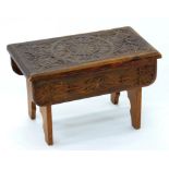 A VICTORIAN CHIP CARVED FOOTSTOOL, 27CM H, 26 X 45CM, THE UNDERNEATH STAMPED R. BROWN