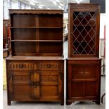 A CARVED OAK DRESSER WITH RACK, 174CM H, 43 X 107CM AND AN OAK CORNER CUPBOARD, 183CM H