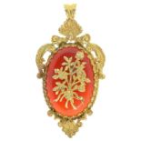 A CORNELIAN SET 9CT GOLD BROOCH - PENDANT, 21.9G