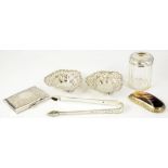 A PAIR OF GEORGE III BRIGHT CUT SILVER SUGAR BOWS, A SILVER CHEROOT CASE, A PAIR OF PIERCED SILVER