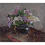 RUSSIAN SCHOOL, LATE 20TH C, FLOWERS IN A GLASS VASE, SIGNED AND DATED 90, OIL ON CANVAS, 44 X 48CM