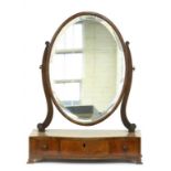 A GEORGE III INLAID MAHOGANY DRESSING MIRROR, THE SERPENTINE BASE FITTED WITH THREE DRAWERS