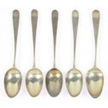 A SET OF FIVE GEORGE III SILVER TEASPOONS, OLD ENGLISH PATTERN, INITIALLED M A, BY HESTER BATEMAN,