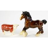 A BESWICK HEREFORD COW AND A BESWICK CANTERING SHIRE HORSE, HORSE 22CM H, PRINTED MARK, THE FIRST