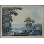 BRITISH SCHOOL, EARLY 19TH C, LANDSCAPES AND FIGURES, A PAIR, WATERCOLOUR, 12 X 17CM