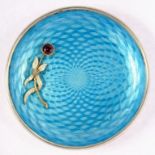 AN EDWARD VII GEM SET SILVER GILT AND TURQUOISE GUILLOCHE ENAMEL PIN TRAY, 6.5CM D, LONDON 1904, 1OZ