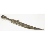 A 19TH C CAUCASIAN SILVER AND NIELLO DAGGER AND SHEATH, KINDJAL, THE TRIPLE FULLERED BLADE WITH