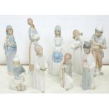 SIX LLADRO FIGURES AND THREE OTHER SIMILAR FIGURES, 27CM H, PRINTED MARK OR UNMARKED