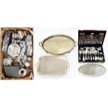 MISCELLANEOUS PLATED WARE, TO INCLUDE TWO TRAYS, GRAPE SHEARS AND OTHER FLATWARE, 19TH C